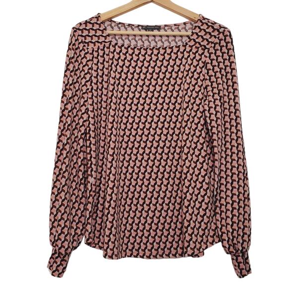 Adrianna Papell | Square Neck Geometric Pattern Balloon Sleeve Slinky Blouse Top - Picture 1 of 7